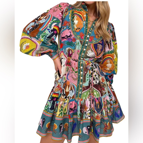 NWT Unique Boutique Whimsical Puff Sleeve Colorful Drop Waist Dress XXL - Picture 1 of 8